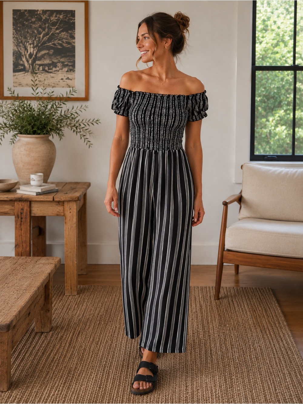 Blue Rain Black White Stripe Off Shoulder Smocked Jumpsuit Medium EUC